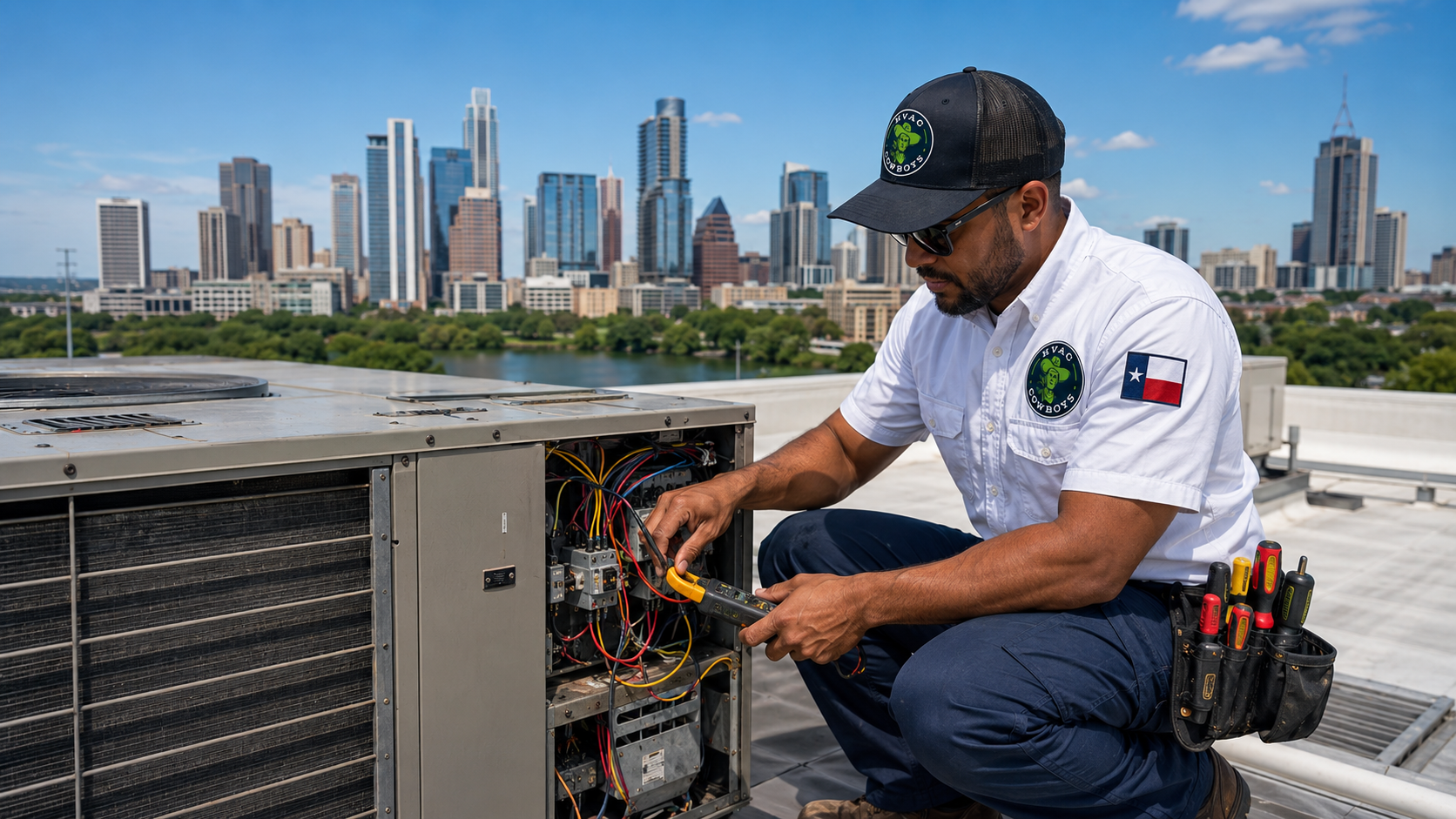 HVAC Cowboys technician servicing a rooftop unit with the Austin skyline behind
