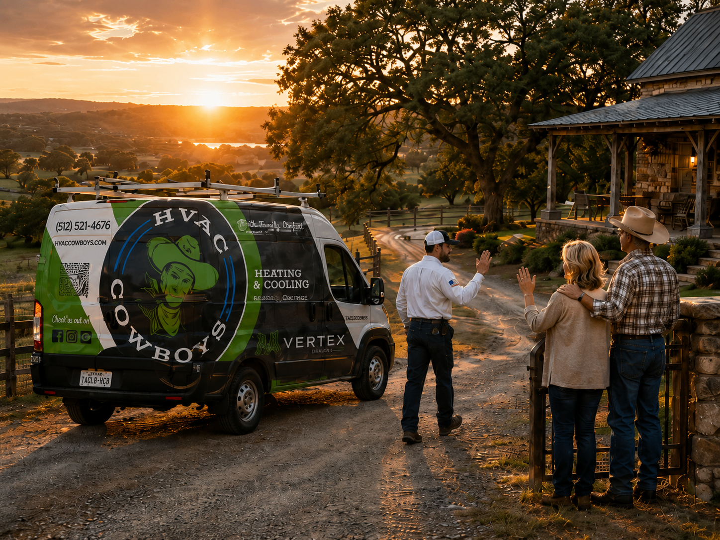 HVAC Cowboys van at sunset in the Texas Hill Country with technician waving to homeowners