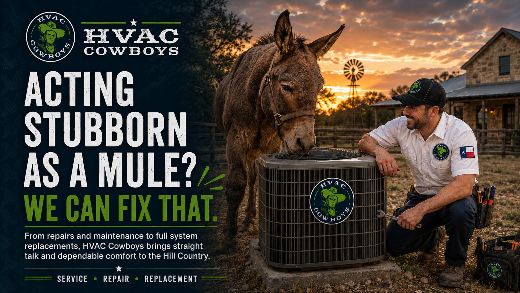 Is your unit stubborn as a mule? HVAC Cowboys brings straight answers, fair pricing, and dependable heating & cooling service across the Hill Country.
