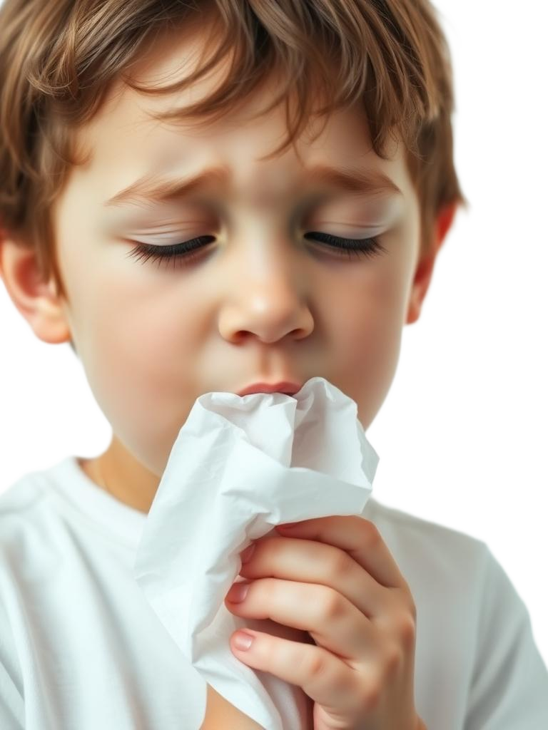 Child sneezing into a tissue
